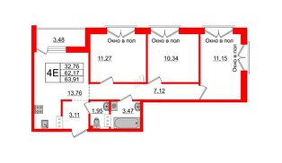 Квартира в ЖК ID Мурино 2, 3 комнатная, 63.91 м², 12 этаж