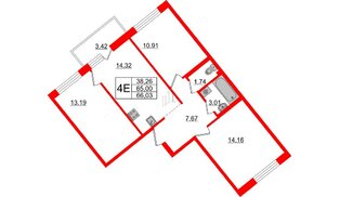Квартира в ЖК ID Мурино 2, 3 комнатная, 66.03 м², 2 этаж