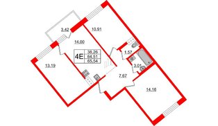 Квартира в ЖК ID Мурино 2, 3 комнатная, 65.54 м², 5 этаж
