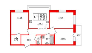 Квартира в ЖК ID Мурино 2, 3 комнатная, 71.16 м², 2 этаж