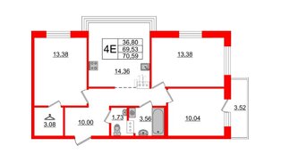 Квартира в ЖК ID Мурино 2, 3 комнатная, 70.59 м², 3 этаж