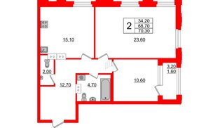 Квартира в ЖК Тайм Сквер, 2 комнатная, 70.3 м², 2 этаж