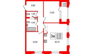 Квартира в ЖК Тайм Сквер, 2 комнатная, 59.5 м², 3 этаж