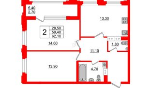 Квартира в ЖК Тайм Сквер, 2 комнатная, 62.1 м², 2 этаж