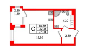 Квартира в ЖК Тайм Сквер, студия, 27 м², 3 этаж