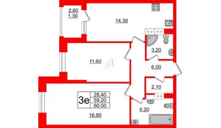 Квартира в ЖК Тайм Сквер, 2 комнатная, 60.5 м², 2 этаж