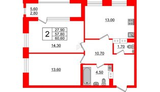 Квартира в ЖК Тайм Сквер, 2 комнатная, 60.6 м², 3 этаж