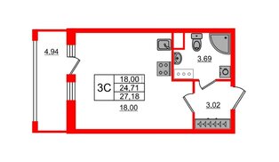 Квартира в ЖК «Город звёзд», студия, 24.71 м², 6 этаж