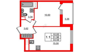Квартира в ЖК «Город звёзд», 1 комнатная, 31.96 м², 8 этаж