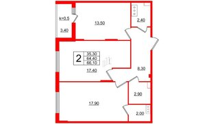 Квартира в ЖК Tre Kronor, 2 комнатная, 66.1 м², 3 этаж