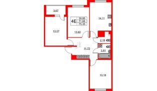 Квартира в ЖК ЯСНО.ЯНИНО, 3 комнатная, 71.68 м², 3 этаж