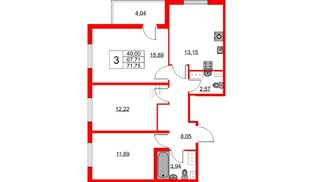 Квартира в ЖК Любоград, 3 комнатная, 67.71 м², 2 этаж