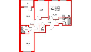 Квартира в ЖК Любоград, 3 комнатная, 77.29 м², 2 этаж