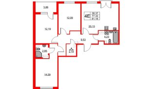 Квартира в ЖК Любоград, 3 комнатная, 77.32 м², 3 этаж