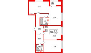 Квартира в ЖК Академик, 3 комнатная, 79.67 м², 12 этаж