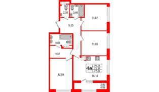 Квартира в ЖК Академик, 3 комнатная, 77.84 м², 11 этаж