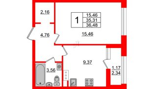 Квартира в ЖК Академик, 1 комнатная, 36.48 м², 9 этаж