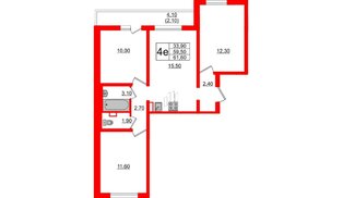 Квартира в ЖК 'Цветной город', 3 комнатная, 61.6 м², 2 этаж