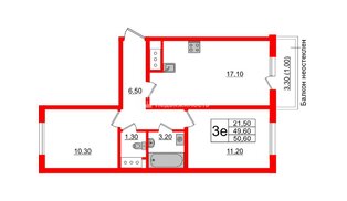 Квартира в ЖК Ржевский парк, 2 комнатная, 50.6 м², 16 этаж