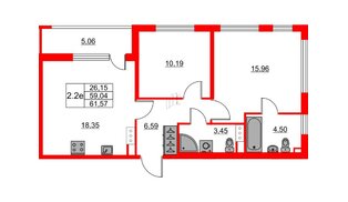 Квартира в ЖК «Город звёзд», 2 комнатная, 57.7 м², 5 этаж