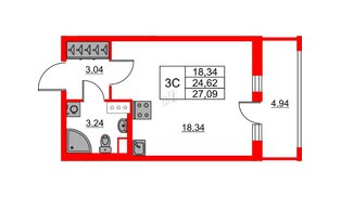 Квартира в ЖК «Город звёзд», студия, 24.62 м², 15 этаж