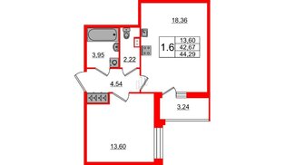 Квартира в ЖК Прайм Приморский, 1 комнатная, 41.7 м², 2 этаж
