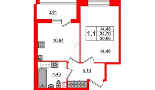 Квартира в ЖК Прайм Приморский, 1 комнатная, 33.7 м², 2 этаж