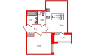 Квартира в ЖК Прайм Приморский, 1 комнатная, 44.6 м², 2 этаж