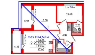 Квартира в ЖК «Дворцовый фасад», 2 комнатная, 52.24 м², 4 этаж