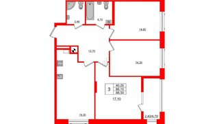 Квартира в ЖК Альпы, 3 комнатная, 88.5 м², 2 этаж