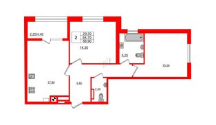 Квартира в ЖК Альпы, 2 комнатная, 66.9 м², 7 этаж