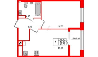 Квартира в ЖК Альпы, 1 комнатная, 43.7 м², 2 этаж
