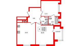 Квартира в ЖК Альпы, 2 комнатная, 70.4 м², 11 этаж