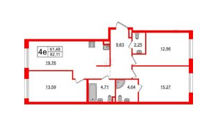 Апартаменты в ЖК «Зум на Неве», 3 комнатные, 82.11 м², 5 этаж