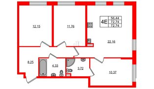 Апартаменты в ЖК «Зум на Неве», 3 комнатные, 72.74 м², 8 этаж