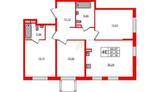 Апартаменты в ЖК «Зум на Неве», 3 комнатные, 81.16 м², 2 этаж