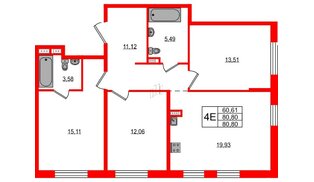 Апартаменты в ЖК «Зум на Неве», 3 комнатные, 80.8 м², 5 этаж