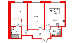 Апартаменты в ЖК «Зум на Неве», 2 комнатные, 63.07 м², 13 этаж