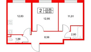 Апартаменты в ЖК ZOOM на Неве, 2 комнатные, 50.03 м², 6 этаж