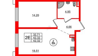 Апартаменты в ЖК ZOOM на Неве, 1 комнатные, 42.32 м², 15 этаж