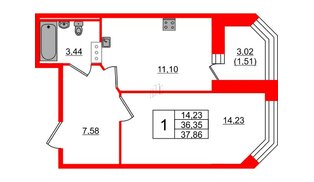 Квартира в ЖК Капральский, 1 комнатная, 37.86 м², 6 этаж