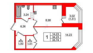 Квартира в ЖК Капральский, 1 комнатная, 35.74 м², 4 этаж