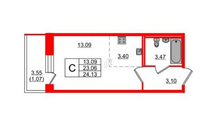 Квартира в ЖК Капральский, студия, 24.13 м², 1 этаж