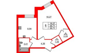 Квартира в ЖК Капральский, 1 комнатная, 38.71 м², 1 этаж