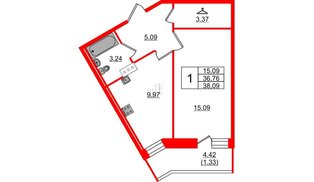 Квартира в ЖК Капральский, 1 комнатная, 38.09 м², 2 этаж