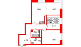 Квартира в ЖК Neva Haus, 2 комнатная, 74.1 м², 9 этаж