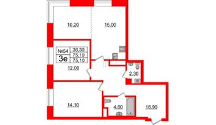 Квартира в ЖК Neva Haus, 2 комнатная, 75.1 м², 7 этаж