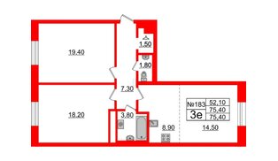 Квартира в ЖК Neva Haus, 2 комнатная, 74.9 м², 9 этаж