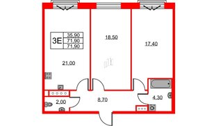 Квартира в ЖК Neva Haus, 2 комнатная, 71.6 м², 8 этаж