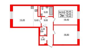 Квартира в ЖК Neva Haus, 2 комнатная, 78 м², 9 этаж